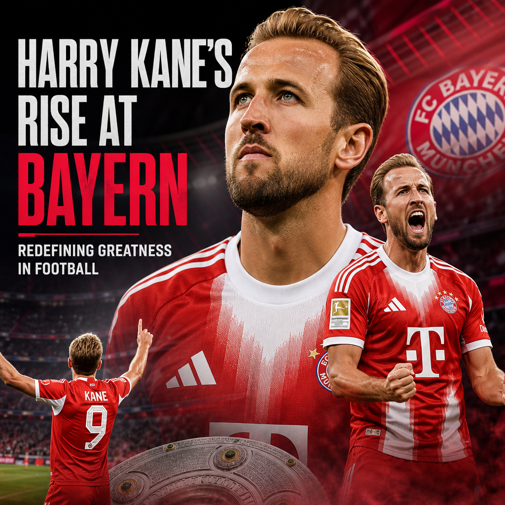 Harry Kane in Bayern Munich jersey celebrating a goal on the football field.
