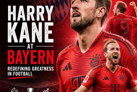 Harry Kane in Bayern Munich kit celebrating a goal, symbolizing his rise and football greatness.