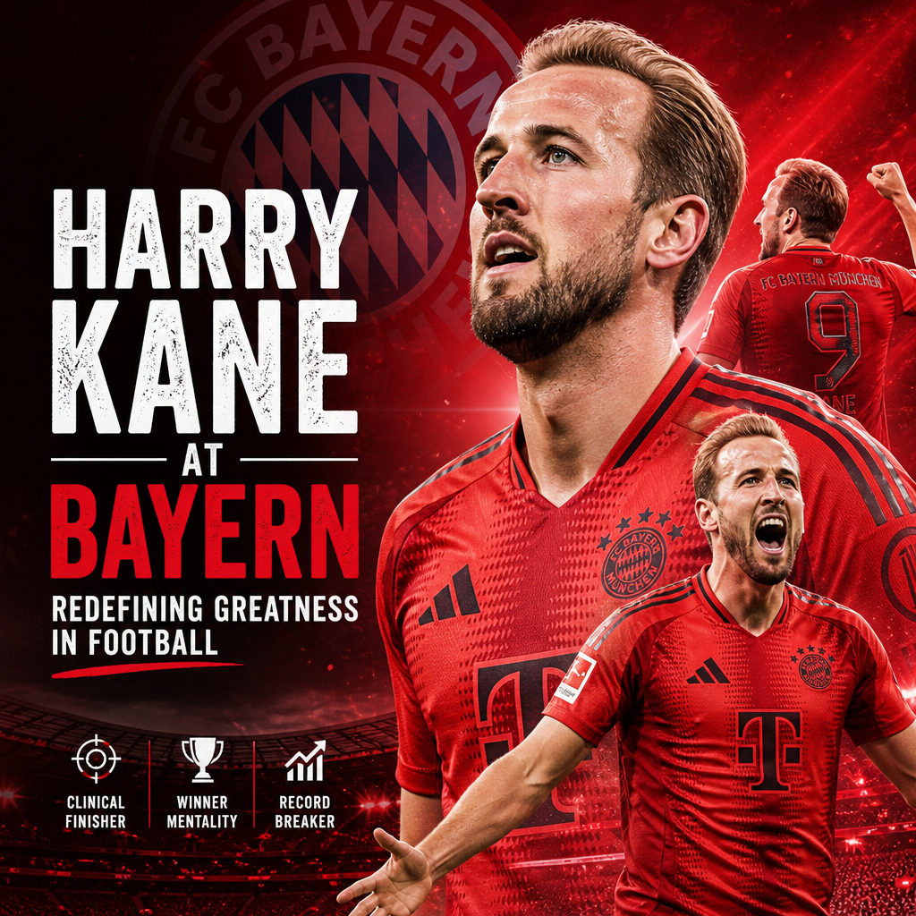 Harry Kane in Bayern Munich kit celebrating a goal, symbolizing his rise and football greatness.