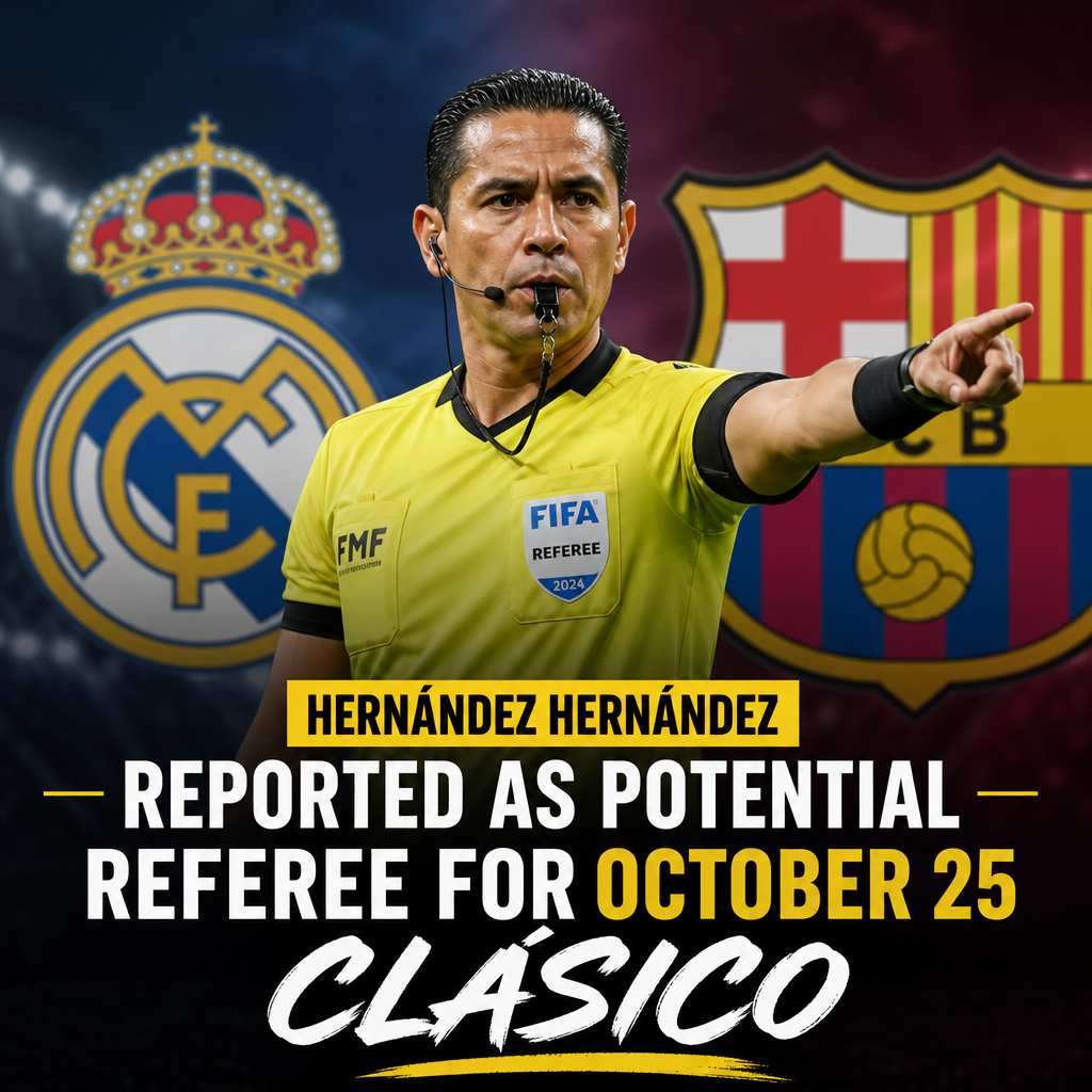 Portrait of referee Hernández Hernández in a stadium, potential official for Real Madrid vs. FC Barcelona Clásico.