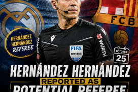 Portrait photo of referee Hernández Hernández in a black referee uniform.