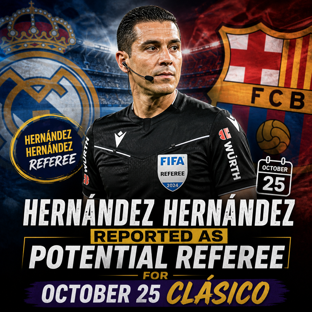 Portrait photo of referee Hernández Hernández in a black referee uniform.