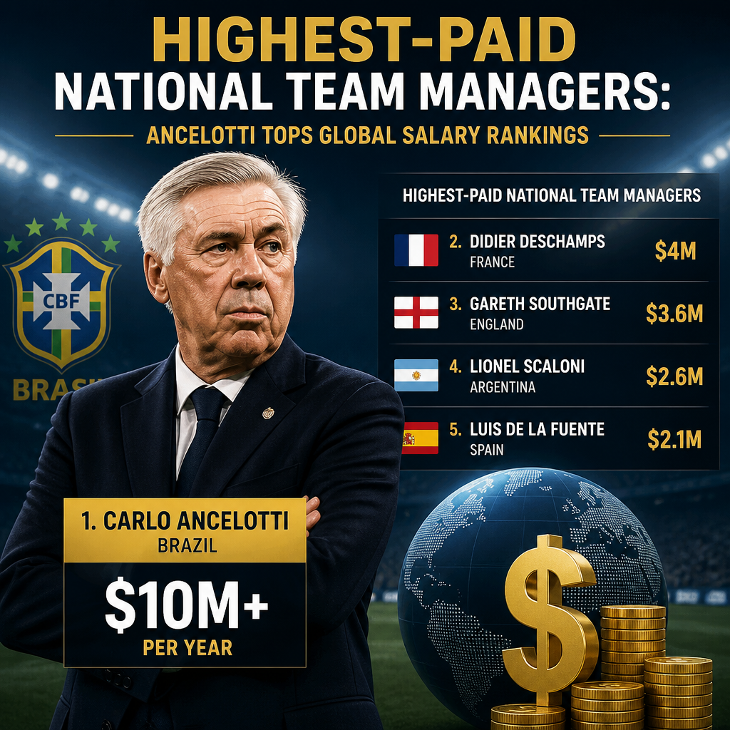 Chart showing highest-paid national football team managers, with Carlo Ancelotti at the top.
