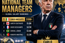Bar chart showing highest-paid national football team managers worldwide, led by Carlo Ancelotti earning over $10 million.