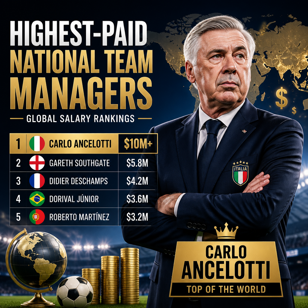 Bar chart showing highest-paid national football team managers worldwide, led by Carlo Ancelotti earning over $10 million.