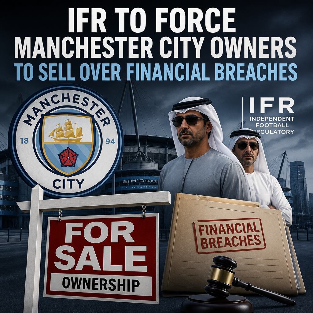 Manchester City owners facing forced sale due to financial breaches, with club logo and financial-related background.