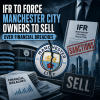 Manchester City stadium with a graphic highlighting financial breach sanctions against club owners.