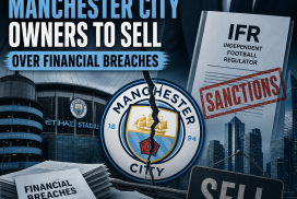 Manchester City stadium with a graphic highlighting financial breach sanctions against club owners.