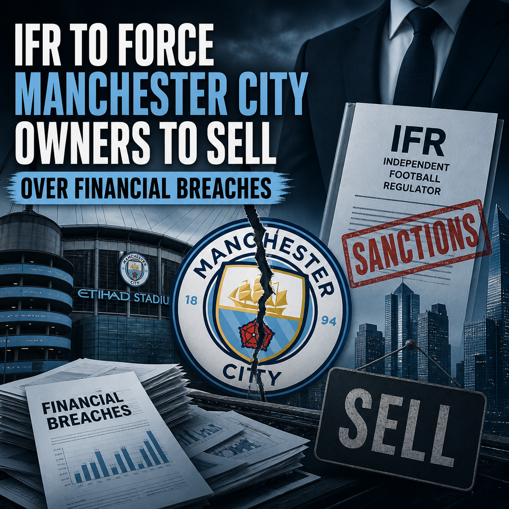 Manchester City stadium with a graphic highlighting financial breach sanctions against club owners.