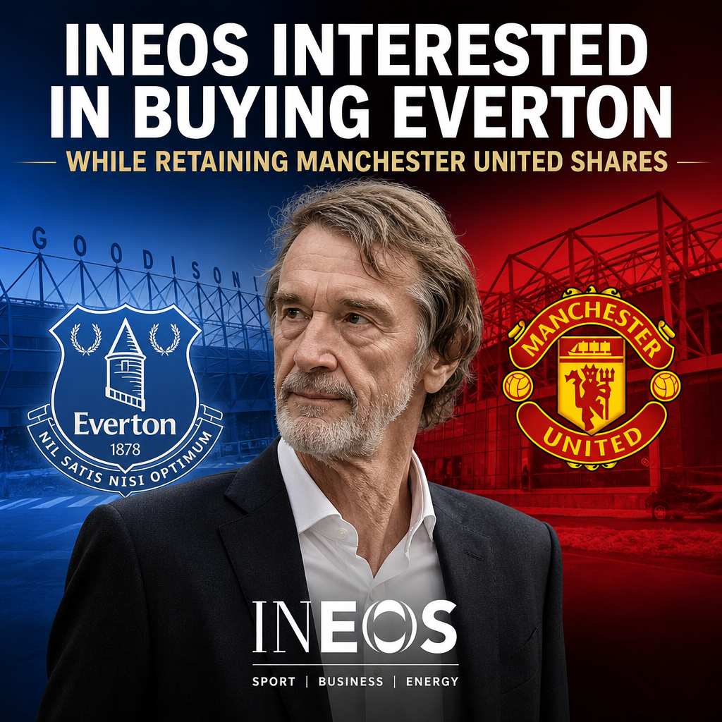 INEOS logo with Everton and Manchester United crests, indicating interest in purchasing Everton while keeping Manchester Unit