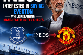 INEOS logo with Everton and Manchester United club badges, symbolizing potential Everton takeover and retained Man United sha