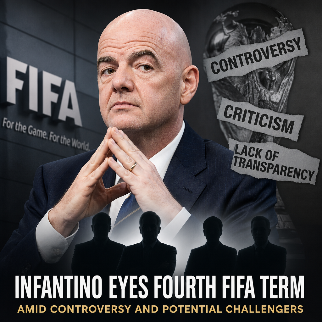 FIFA President Gianni Infantino speaking at a conference with a serious expression.