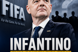 FIFA President Gianni Infantino speaking at a podium with a large FIFA logo in the background.