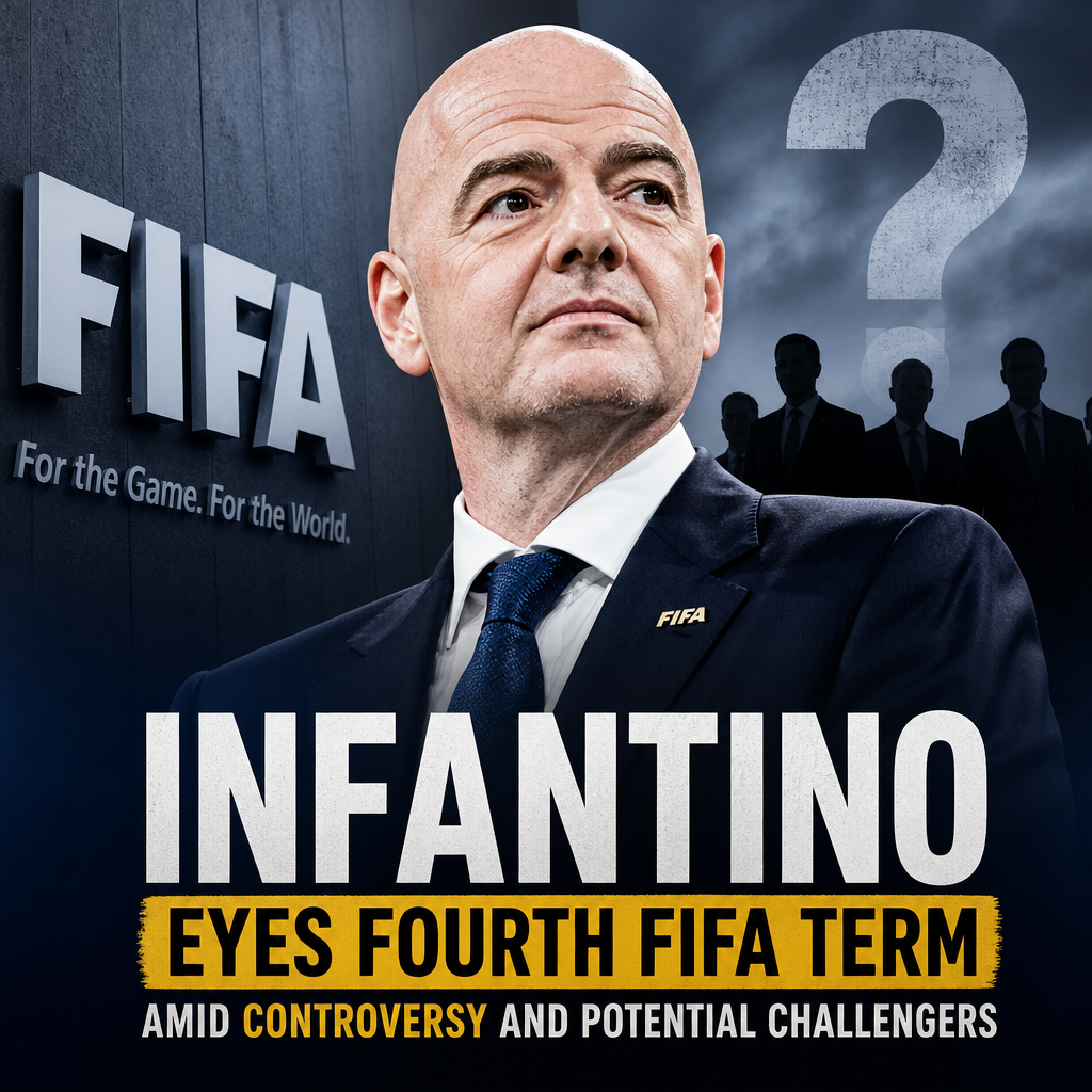 FIFA President Gianni Infantino speaking at a podium with a large FIFA logo in the background.