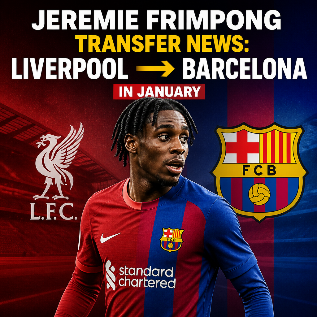 Jeremie Frimpong in a football kit with transfer news headline linking Liverpool and Barcelona in January.