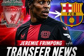 Jeremie Frimpong in a football jersey, with transfer news from Liverpool to Barcelona in January displayed.