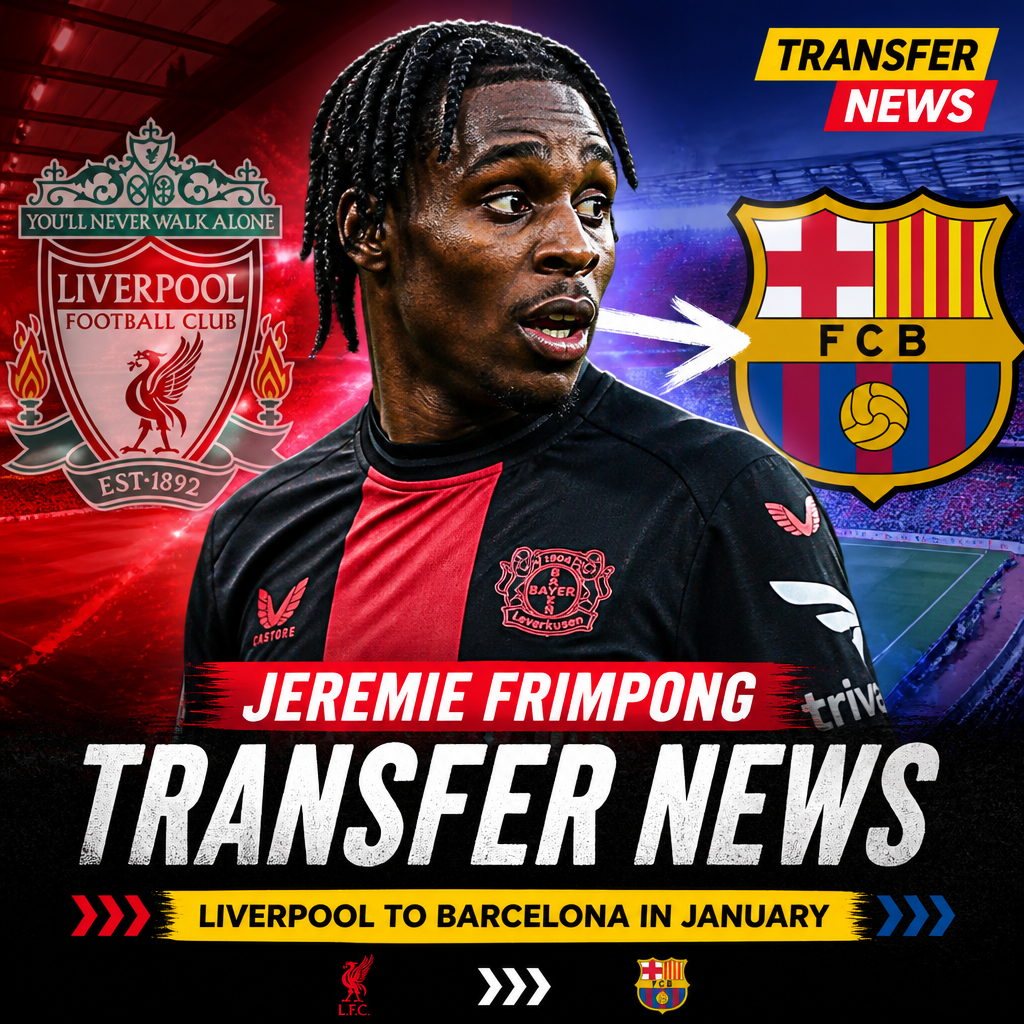 Jeremie Frimpong in a football jersey, with transfer news from Liverpool to Barcelona in January displayed.