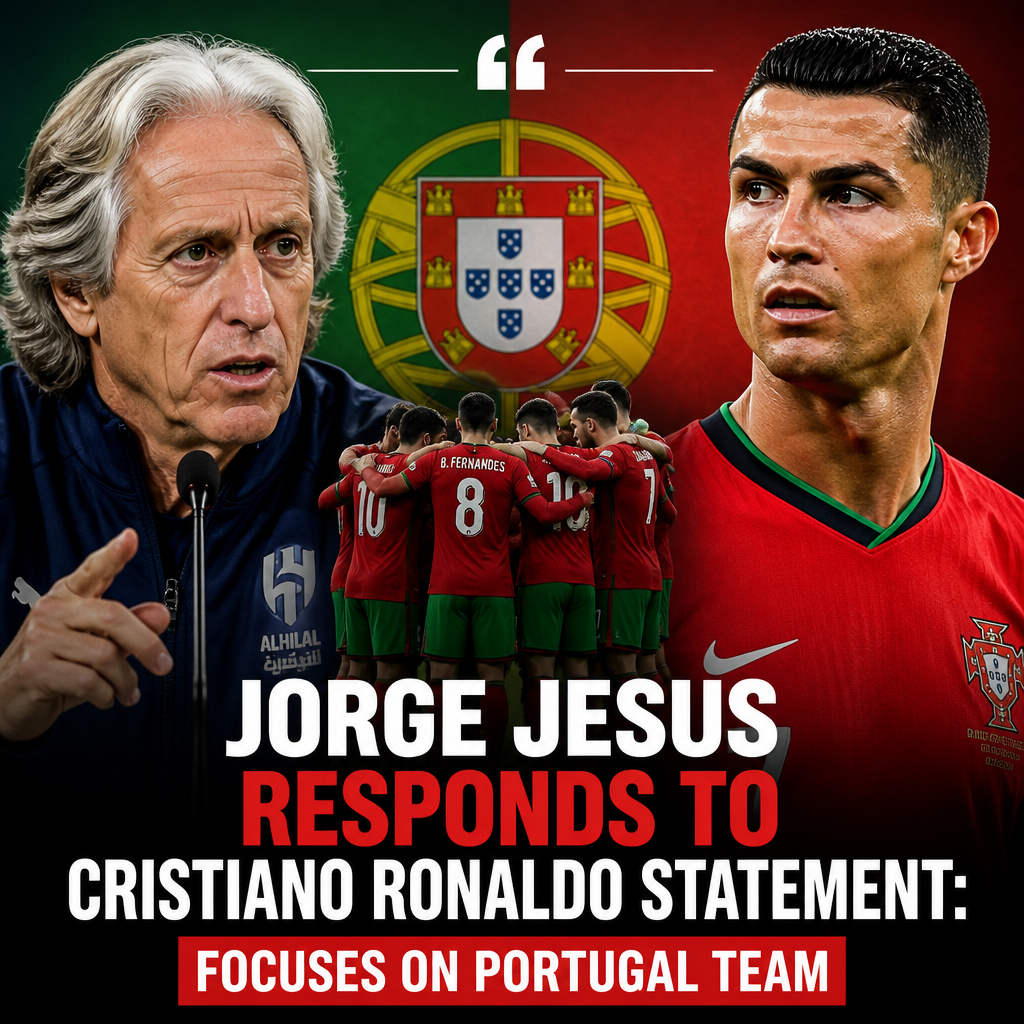 Jorge Jesus speaking at a press conference with a Portugal flag in the background.
