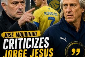 José Mourinho speaking passionately at a press conference, with Jorge Jesus and Cristiano Ronaldo pictured beside him.
