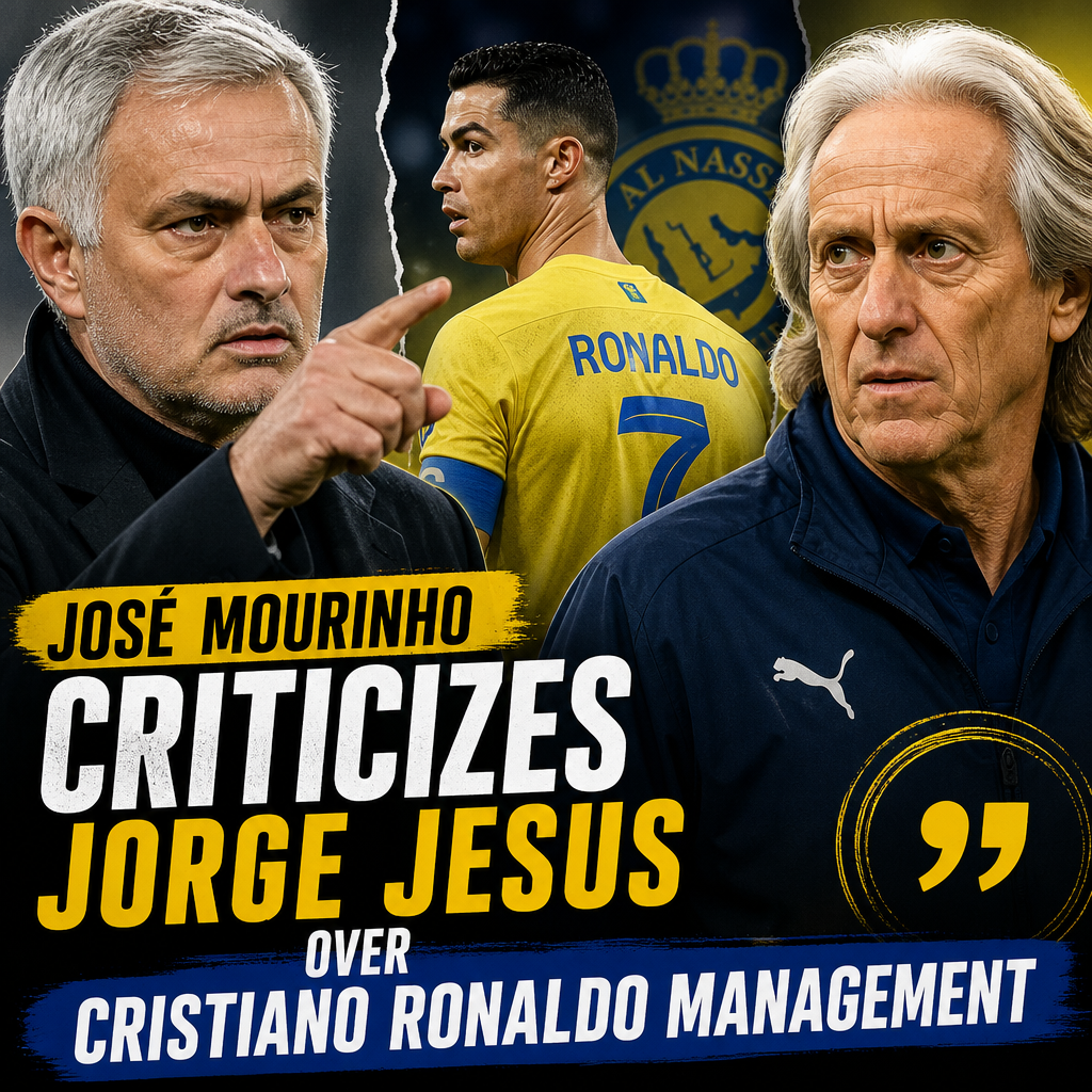 José Mourinho speaking passionately at a press conference, with Jorge Jesus and Cristiano Ronaldo pictured beside him.
