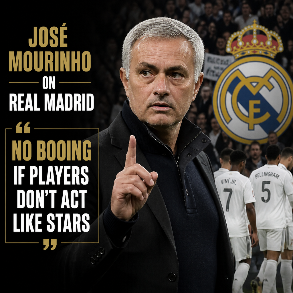 José Mourinho speaking at a press conference about Real Madrid players and fan behavior.