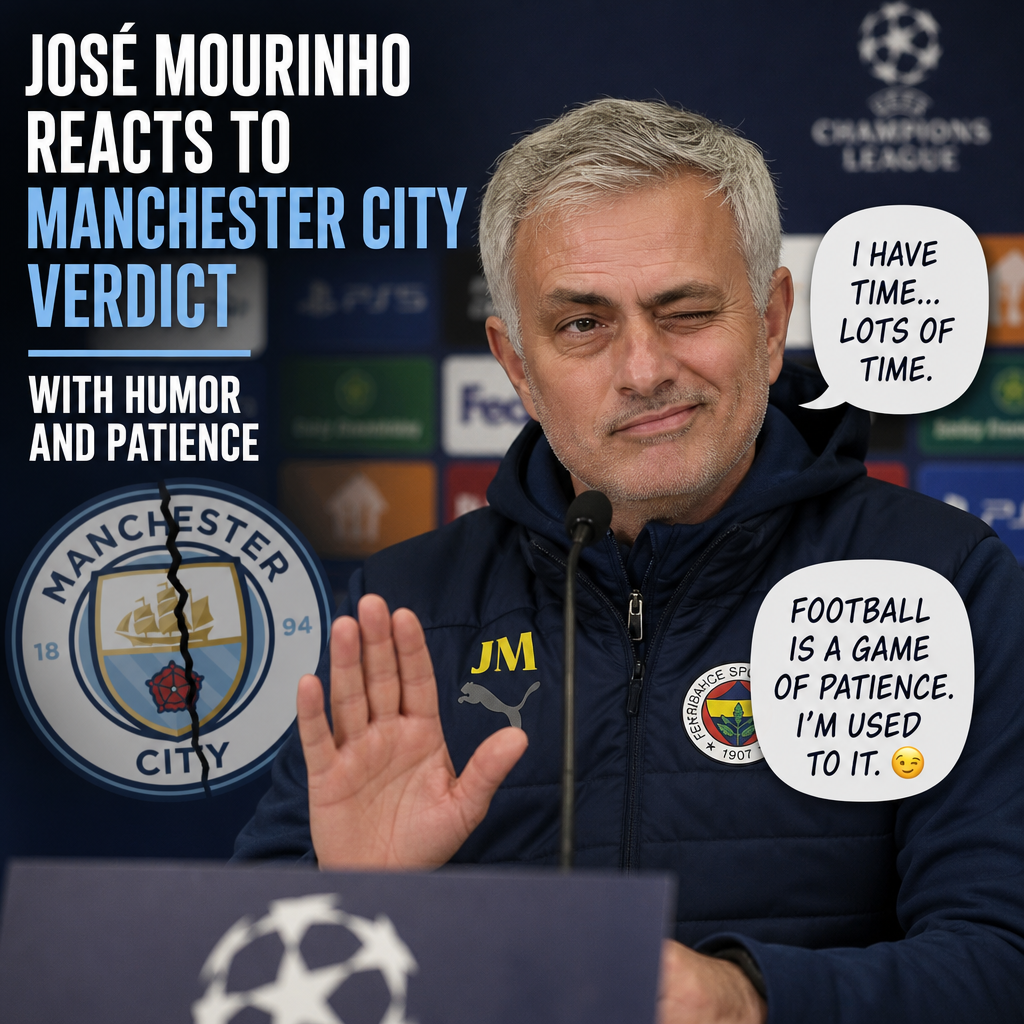 José Mourinho making a calm, humorous gesture during a press conference about Manchester City's verdict.