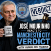 José Mourinho smiles and gestures calmly while responding to the Manchester City verdict during a press event.