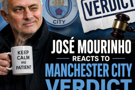 José Mourinho smiles and gestures calmly while responding to the Manchester City verdict during a press event.