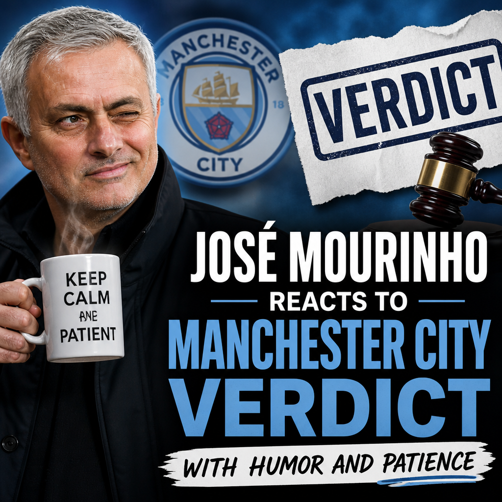 José Mourinho smiles and gestures calmly while responding to the Manchester City verdict during a press event.