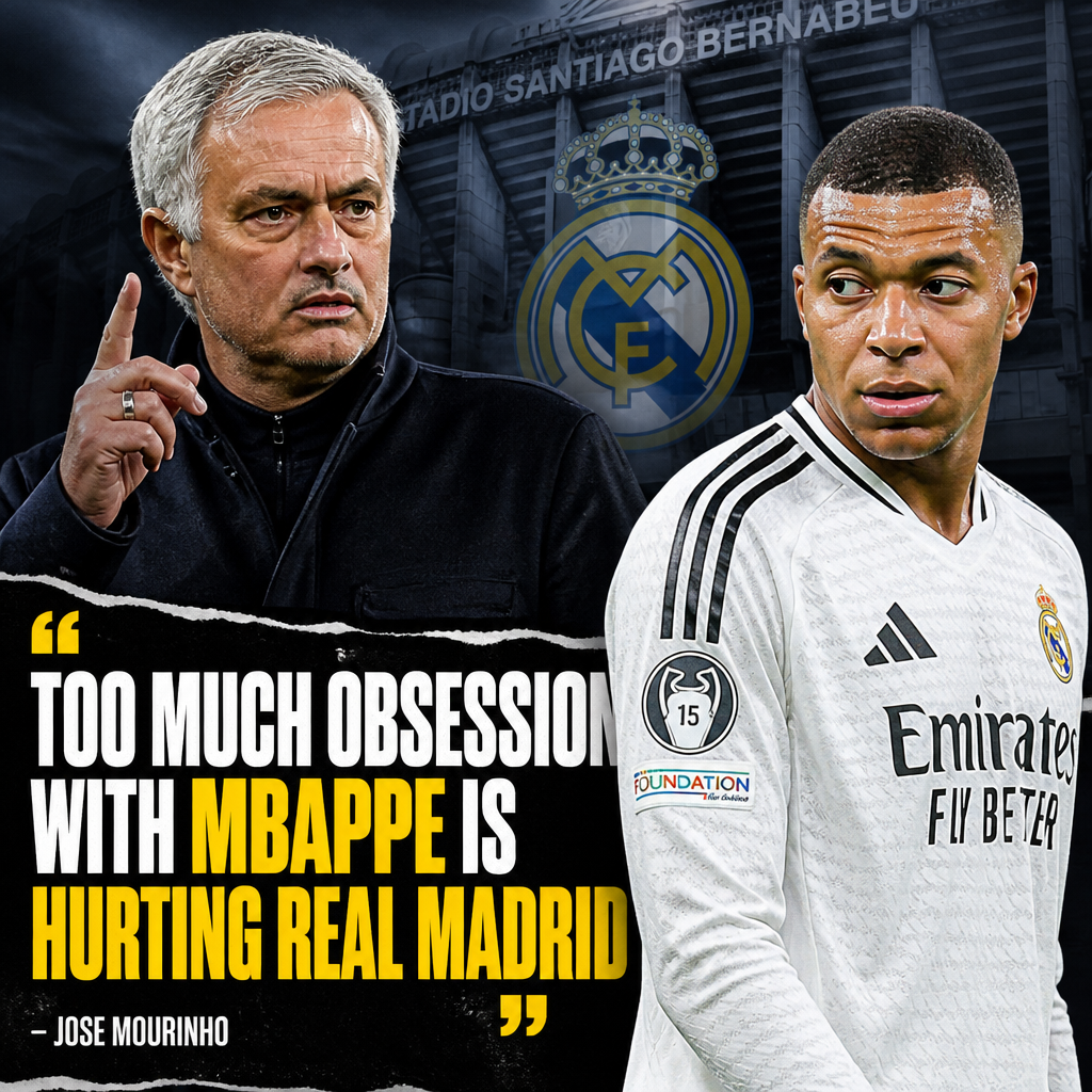 Jose Mourinho speaking at a press conference, criticizing Real Madrid's focus on Kylian Mbappe affecting team performance.