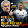 Jose Mourinho speaking passionately during a press conference with a Real Madrid logo in the background.