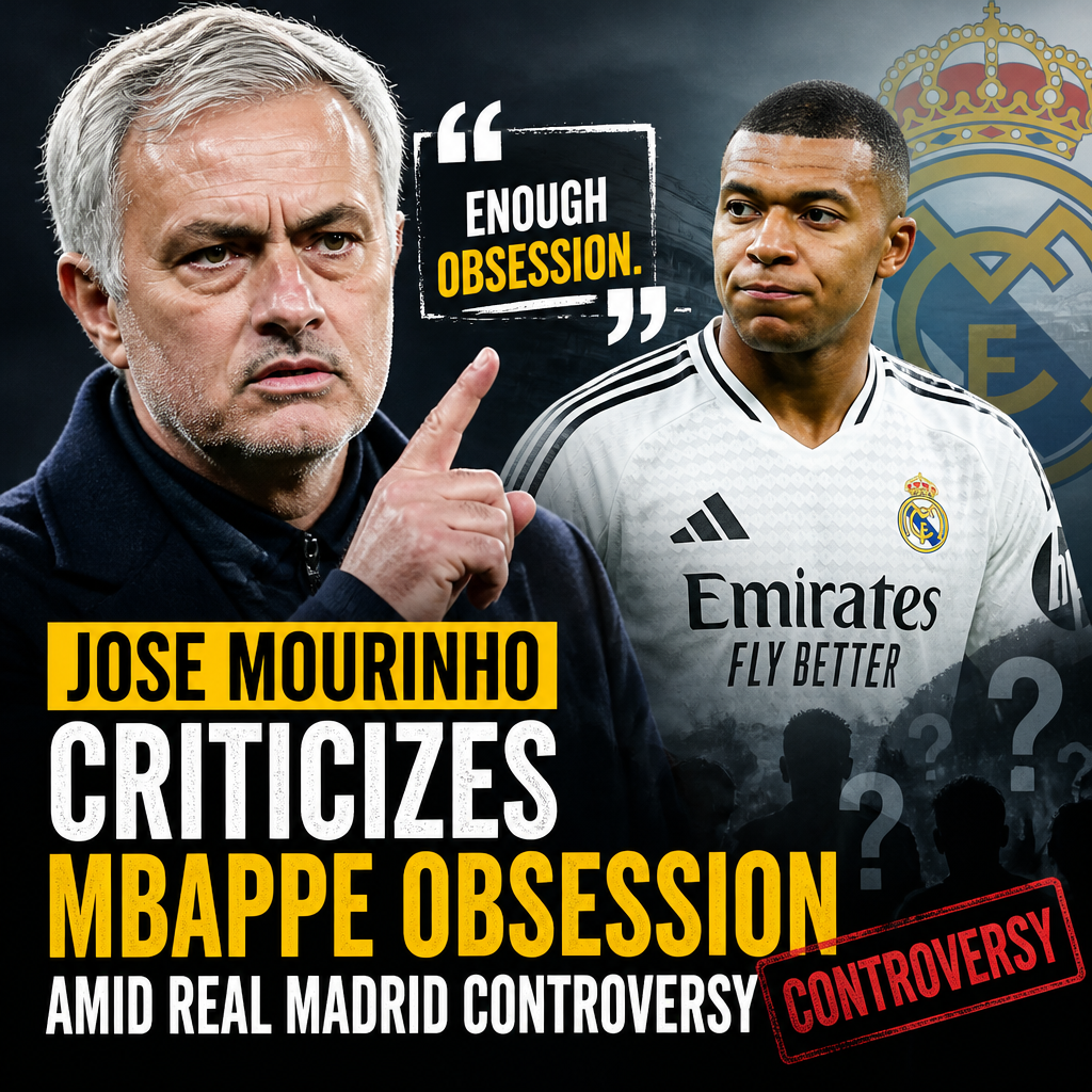 Jose Mourinho speaking passionately during a press conference with a Real Madrid logo in the background.