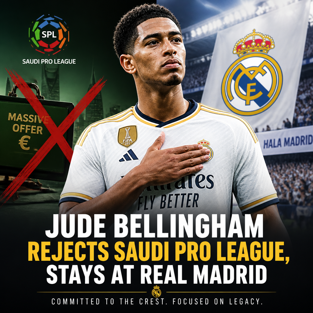 Jude Bellingham in Real Madrid kit, looking determined on the field with the club badge visible.
