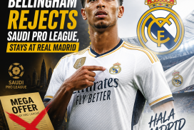 Jude Bellingham celebrating in a Real Madrid jersey, symbolizing his decision to stay.