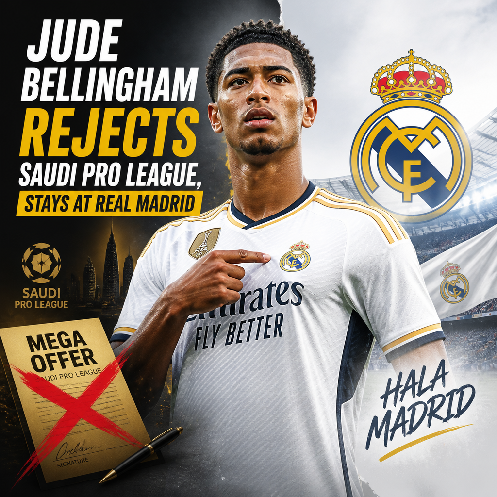 Jude Bellingham celebrating in a Real Madrid jersey, symbolizing his decision to stay.