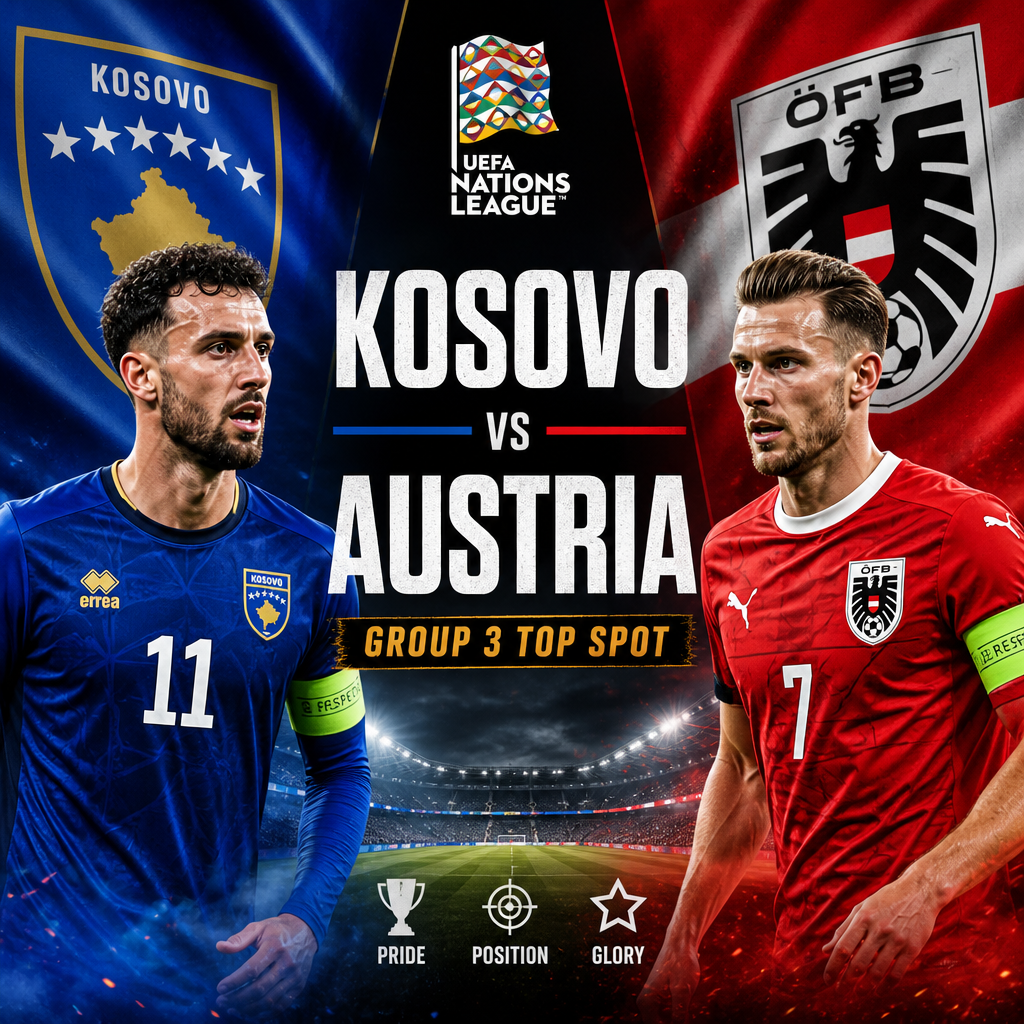 Kosovo and Austria players competing for the ball in a UEFA Nations League Group 3 match.