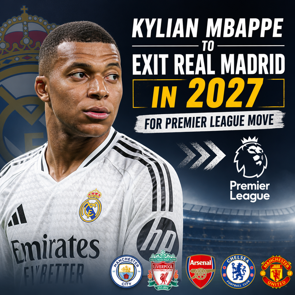 Kylian Mbappe in Real Madrid jersey with a Premier League logo, indicating a future transfer in 2027.