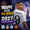 Kylian Mbappé in a Real Madrid jersey with arrows pointing to Premier League clubs for a 2027 transfer.