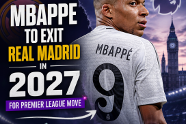 Kylian Mbappé in a Real Madrid jersey with arrows pointing to Premier League clubs for a 2027 transfer.