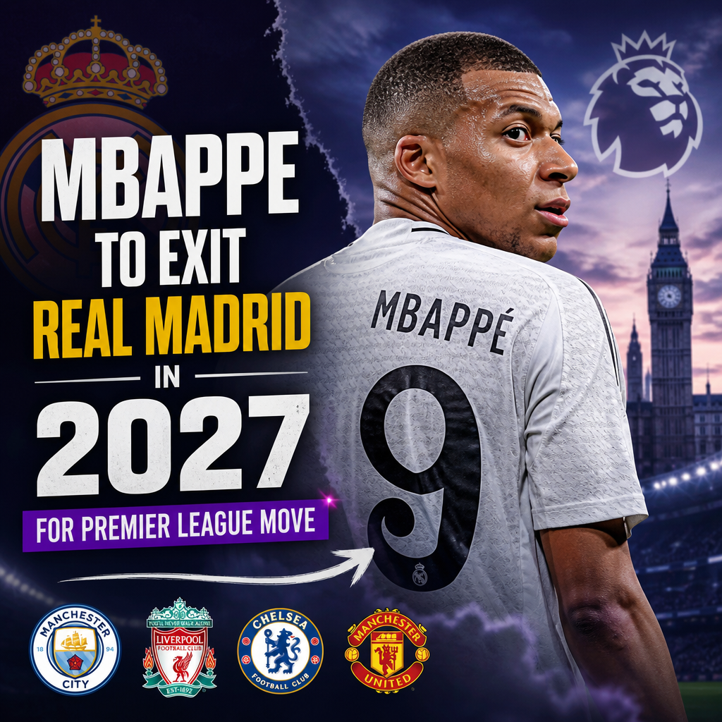 Kylian Mbappé in a Real Madrid jersey with arrows pointing to Premier League clubs for a 2027 transfer.