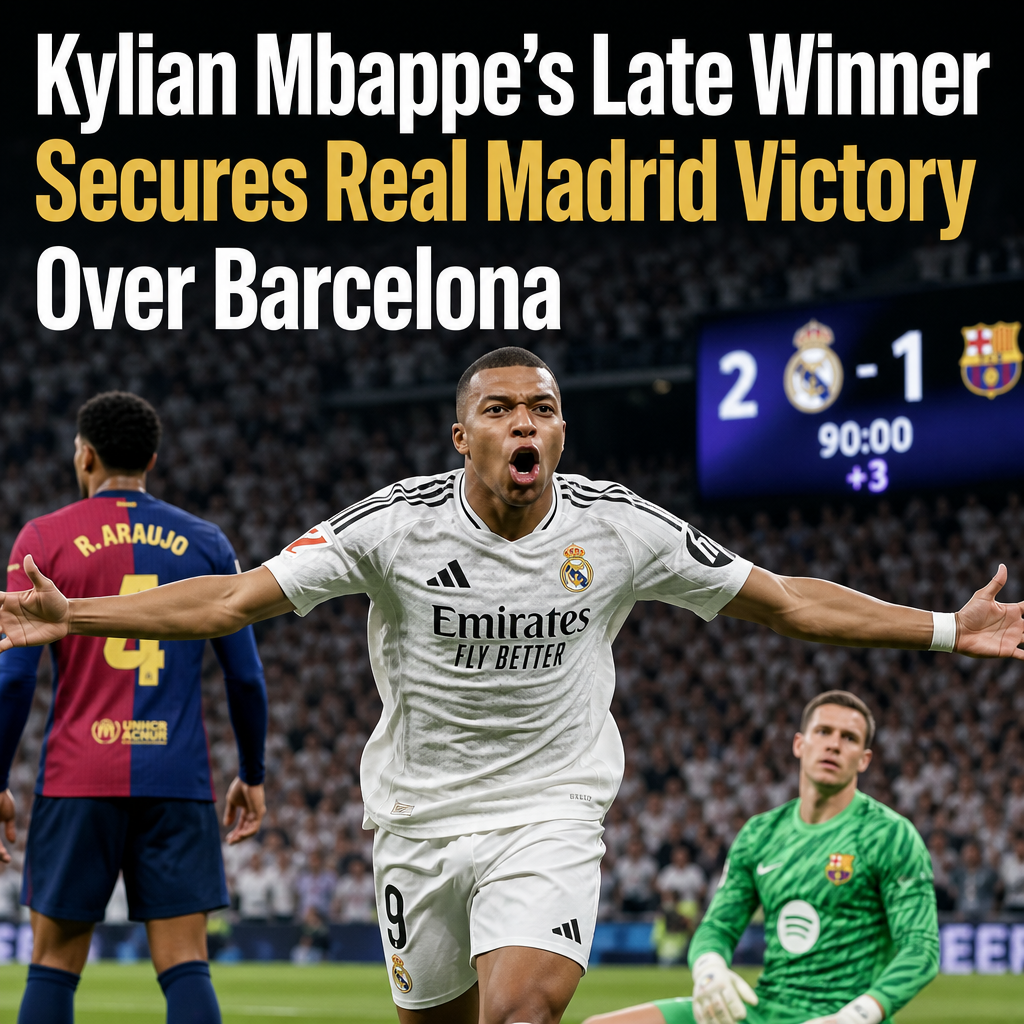 Kylian Mbappe scores a late winning goal for Real Madrid against Barcelona in a tense football match.