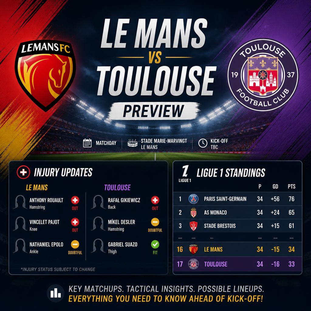 Ligue 1 standings and injury updates for Le Mans vs Toulouse football match preview.