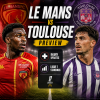 Graphic showing injury updates and current Ligue 1 standings for the Le Mans vs Toulouse football match.