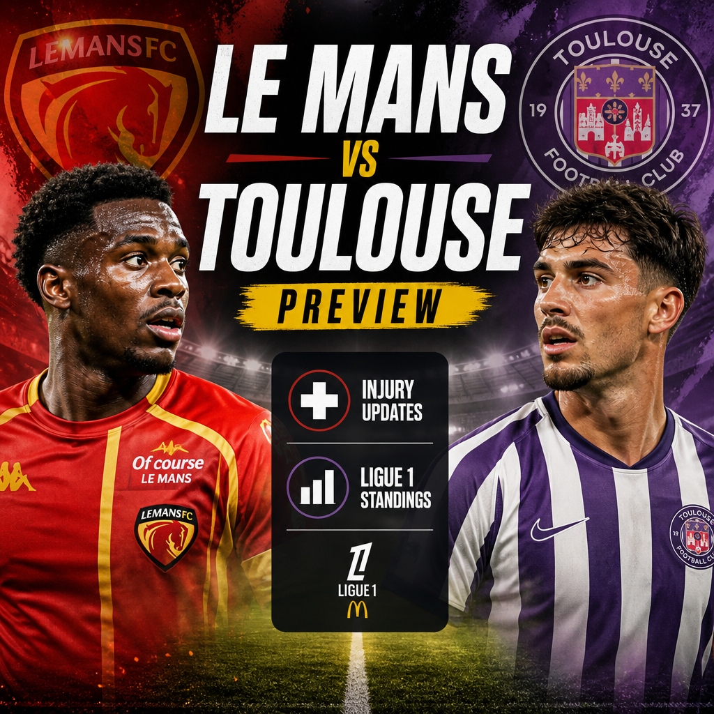 Graphic showing injury updates and current Ligue 1 standings for the Le Mans vs Toulouse football match.