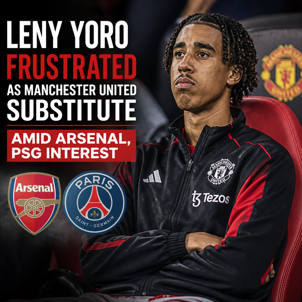 Leny Yoro looks frustrated sitting on the bench wearing a Manchester United kit during a match.