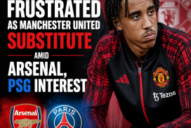 Leny Yoro looks frustrated sitting on the bench wearing Manchester United gear during a match.