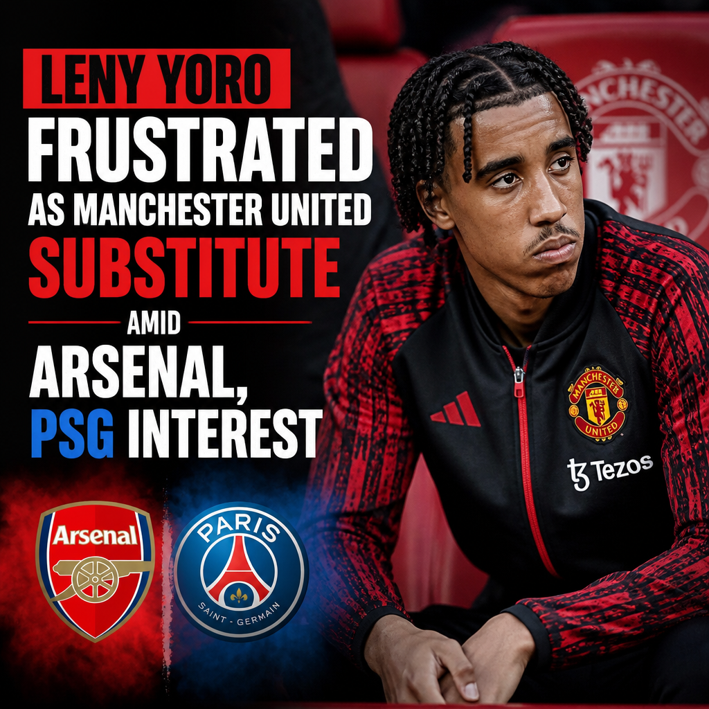 Leny Yoro looks frustrated sitting on the bench wearing Manchester United gear during a match.