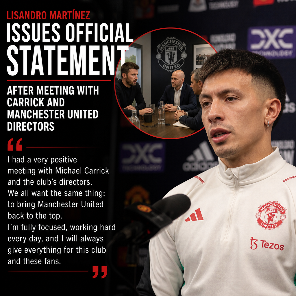 Lisandro Martínez speaking at a press conference after a positive Manchester United meeting.