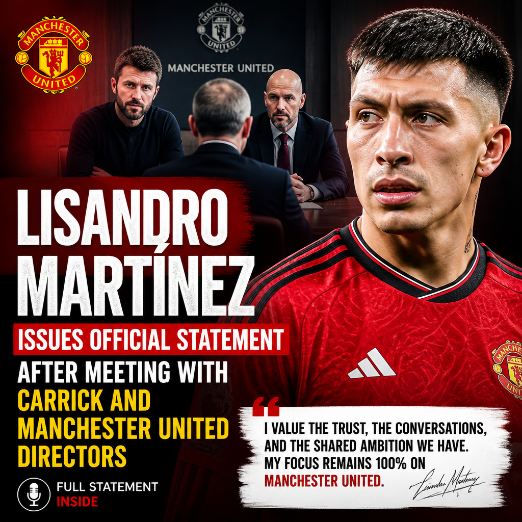 Lisandro Martinez giving an official statement after meeting with Carrick and Manchester United directors.