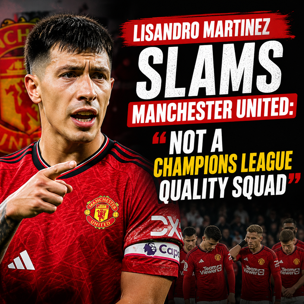 Lisandro Martinez passionately speaking during a press conference, criticizing Manchester United's Champions League quality.